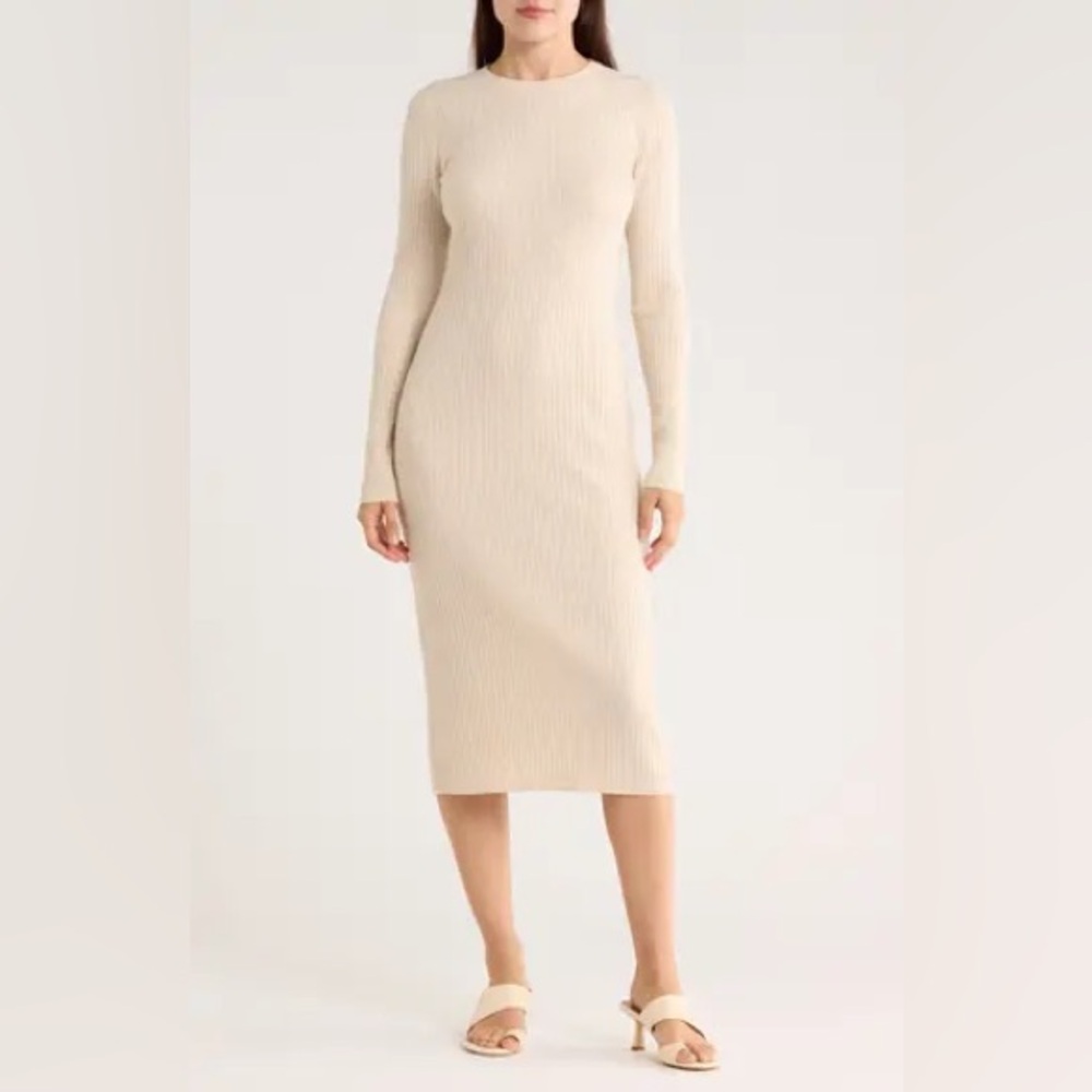 Elegant Cream Long Sleeve Knit Dress